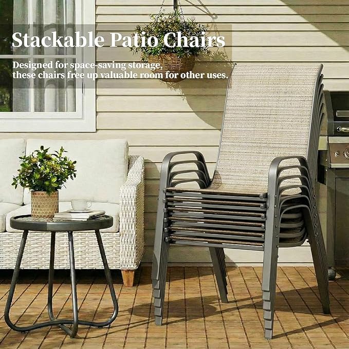 MAMIZO Patio Dining Chairs, Stackable All Weather Teslin Chair, Heavy Duty Outdoor Breathable Chairs Set, w/Armrests, Upgraded Chair FeetW/Strenthened Iron Spacers, 330 LBS (6, Brown)