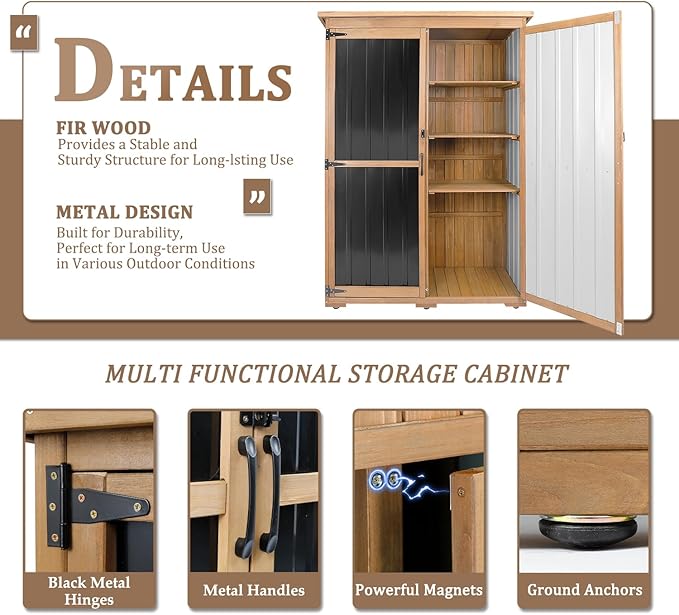 PetsCosset 46" L Large Outdoor Storage Cabinet with Shelves, Wood & Metal Storage Shed Weather-Resistant, Outside Storage Cabinet for Garage Patio Backyard Garden with Waterproof Roof
