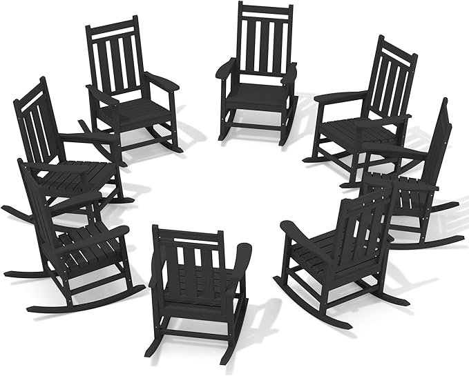 KINGYES Oversized Outdoor Rocking Chair Set of 8, All-Weather Patio Rocking Chairs for Porch, HDPE Outdoor Patio Rockers with High Back & Wide Seat for Garden, Lawn, Black