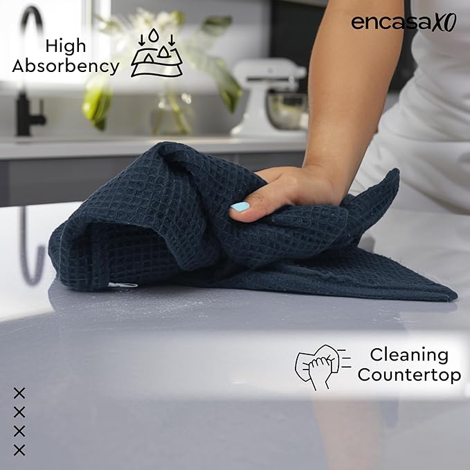 Encasa XO Kitchen Dish Towels Set | Navy Blue | Waffle Weave and Flat Hand Tea