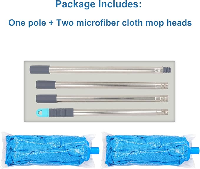 Screw On Microfiber String Mop, One Stainless Steel Pole + Two Blue Microfiber