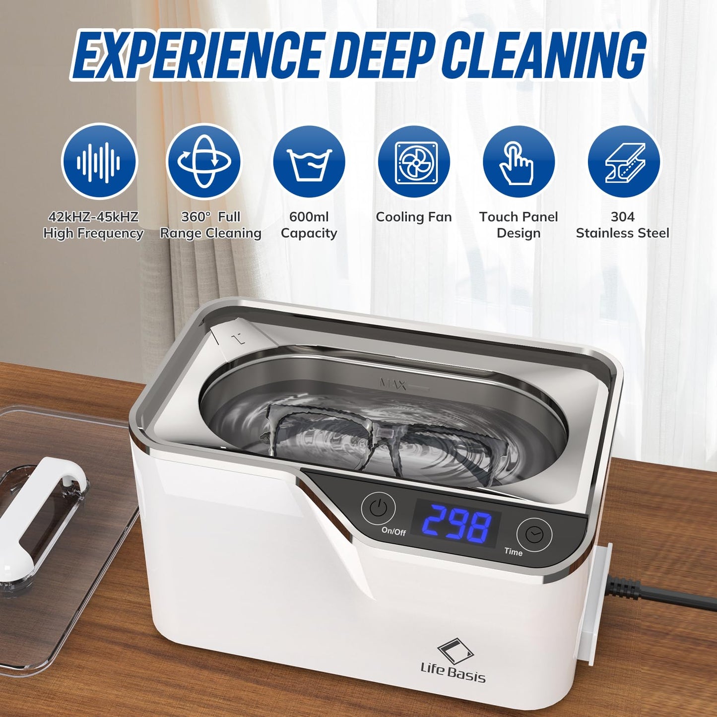 LifeBasis CDS-100 Ultrasonic Cleaner Jewellery Cleaner 600ML 42KHz,Silver Cleaner with Cleaning Basket Watch Stand for Jewelry Necklace Ring Glass Watch Denture Guin-ness Surger Cans（White）