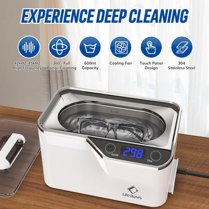 LifeBasis CDS-100 Ultrasonic Cleaner Jewellery Cleaner 600ML 42KHz,Silver Cleaner with Cleaning Basket Watch Stand for Jewelry Necklace Ring Glass Watch Denture Guin-ness Surger Cans（White）