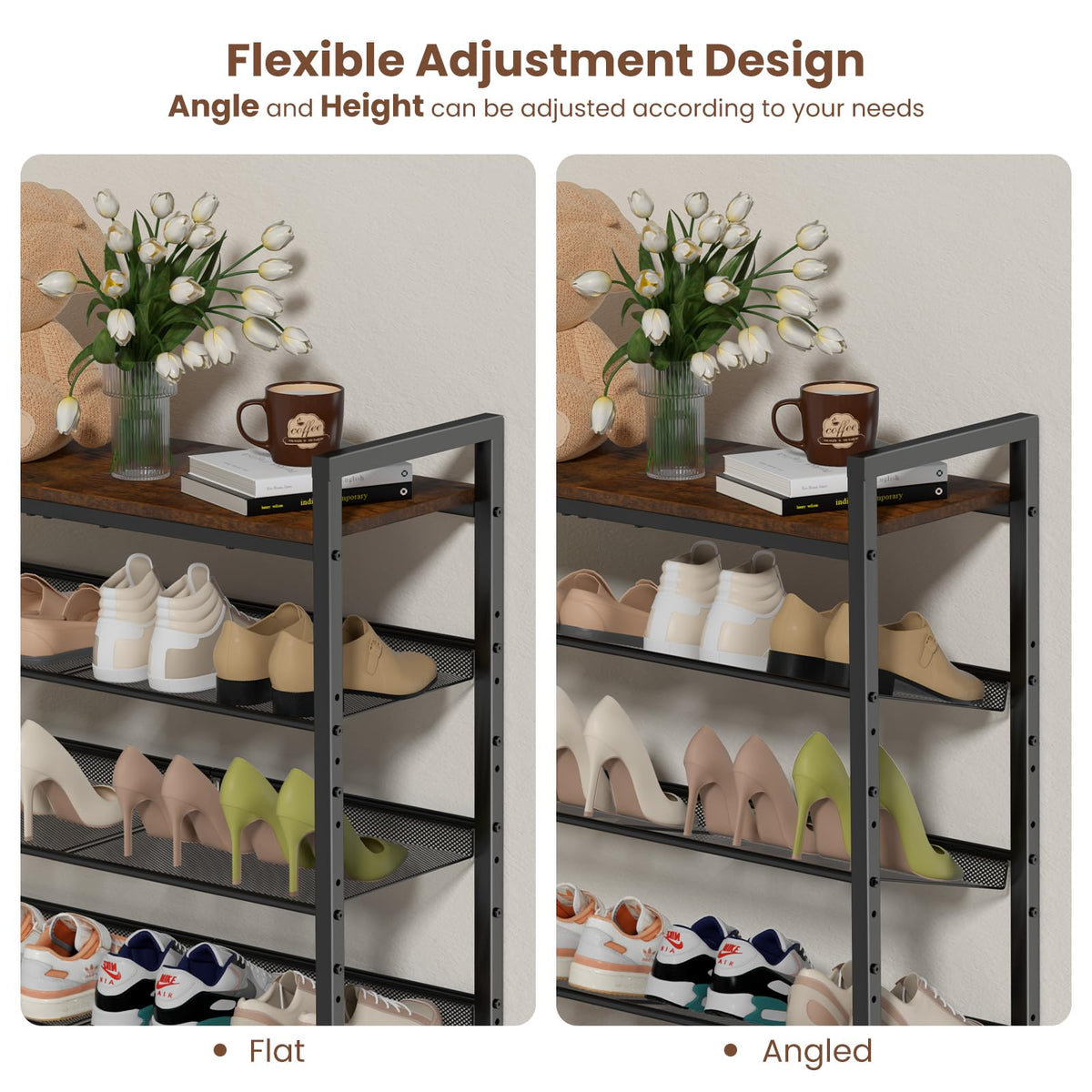 BASICS4ALL 4 Tier Shoe Rack for Entryway, Metal Shoe Rack Heavy Duty with Wooden Top & Adjustable Mesh Shelves, Shoe Storage Organizer for Front Door Entrance/Closet/Bedroom/Dorm/Garage