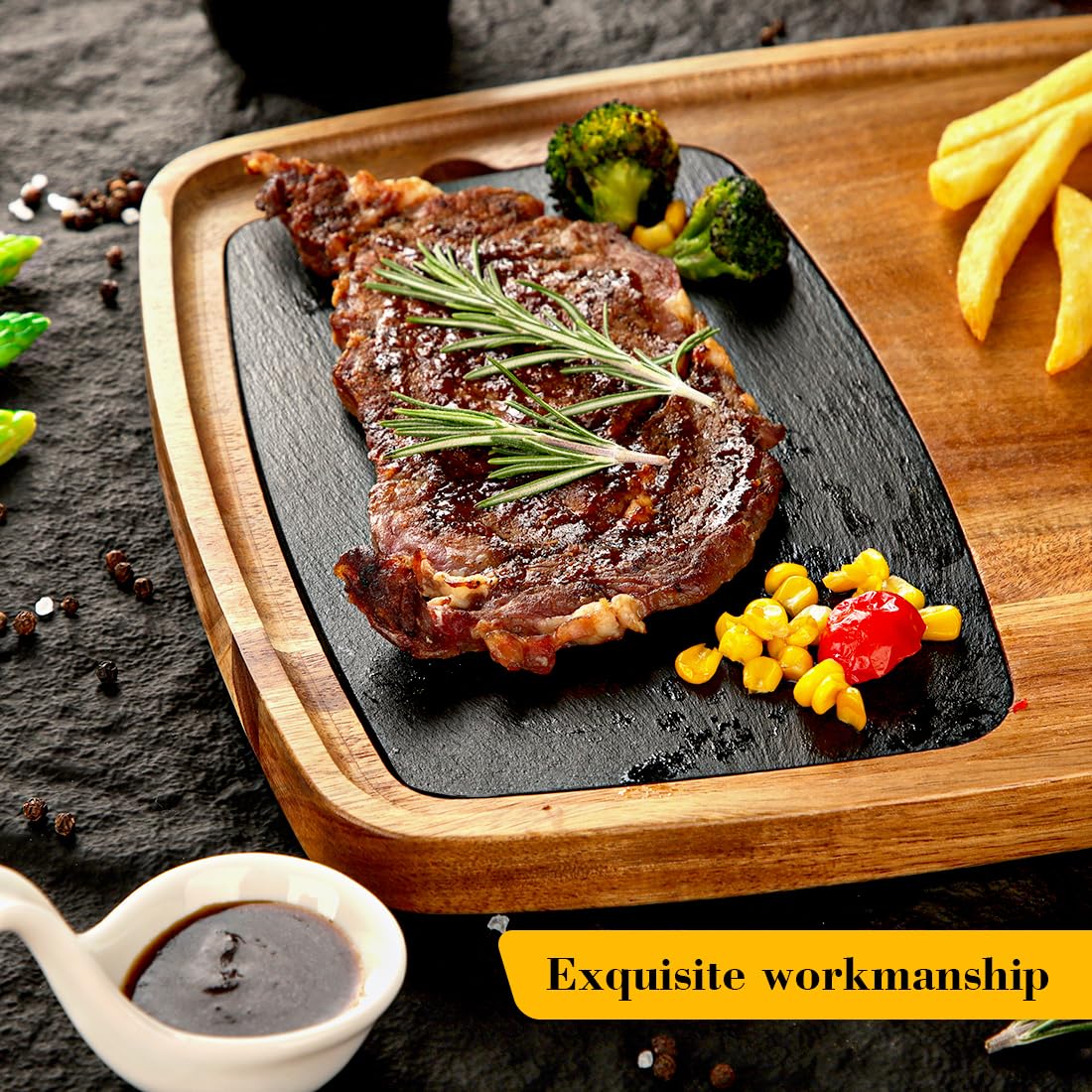 LiWiBet Acacia Wood Slate Steak Plate for Meat Cheese Appetizers, Steak Cutting Plate Board Serving Tray Cheese Appetizer Platter Perfect for Housewarming, Christmas, Mother's Day