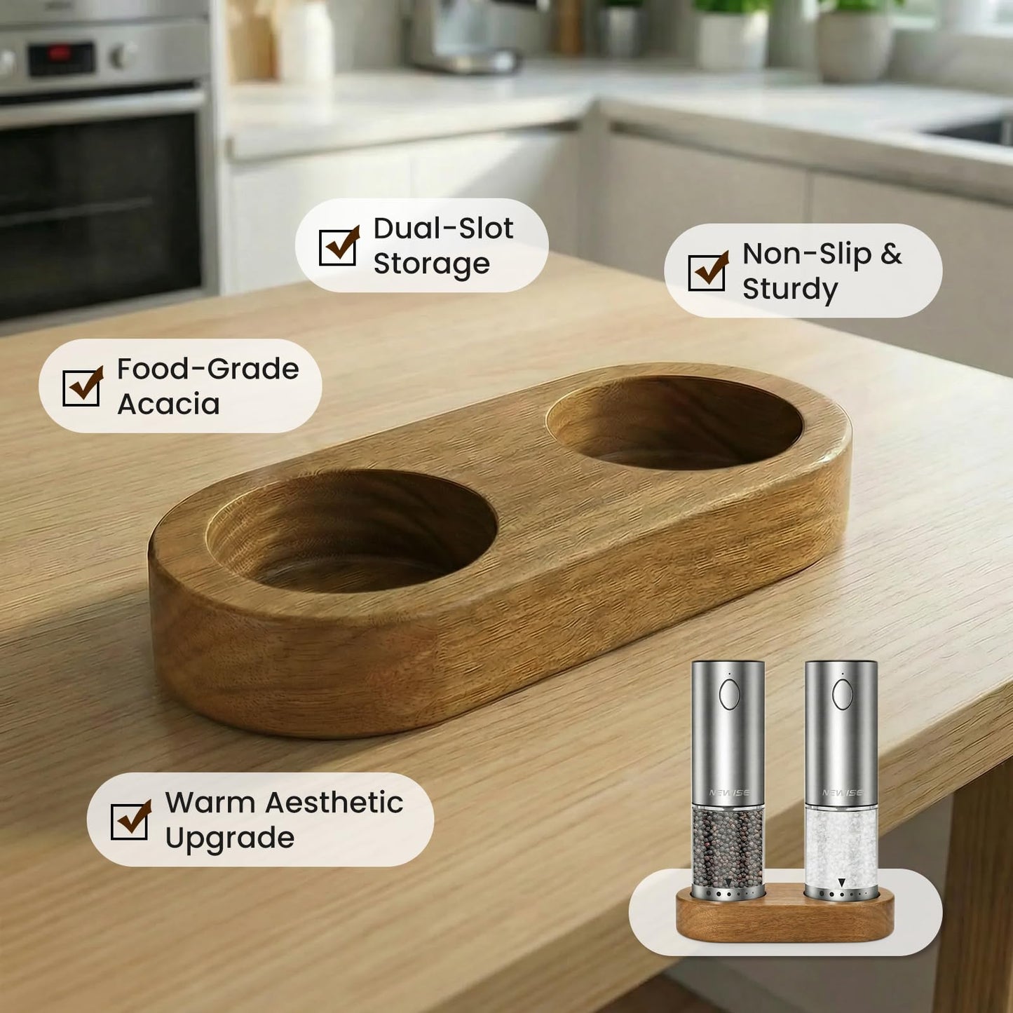 Electric Salt and Pepper Grinder Set - Acacia Wood Base, Rechargeable & Automatic Pepper Mill with LED Lights, Adjustable Coarseness, 95ml Large Capacity for Kitchen