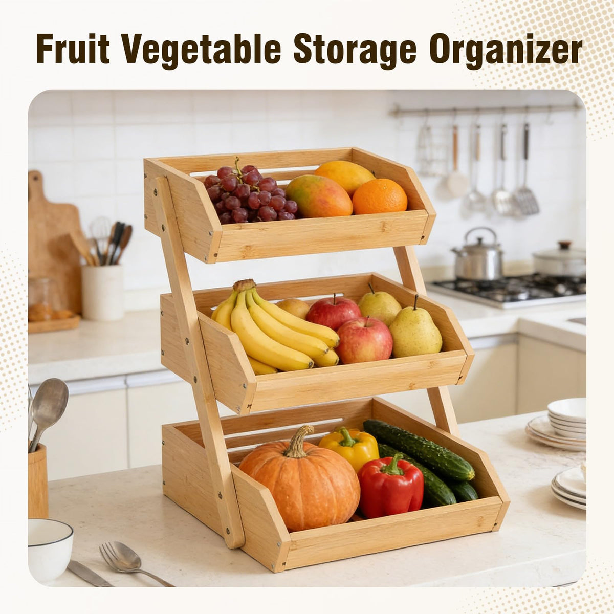 SYEIIYU 2 Tier Fruit Basket For Kitchen, Bamboo Vegetable Storage Bowl Stand with Banana Hanger Hooks, Produce Storage Wooden Basket, Snack Organizer for Countertop, Kitchen Counter Storage