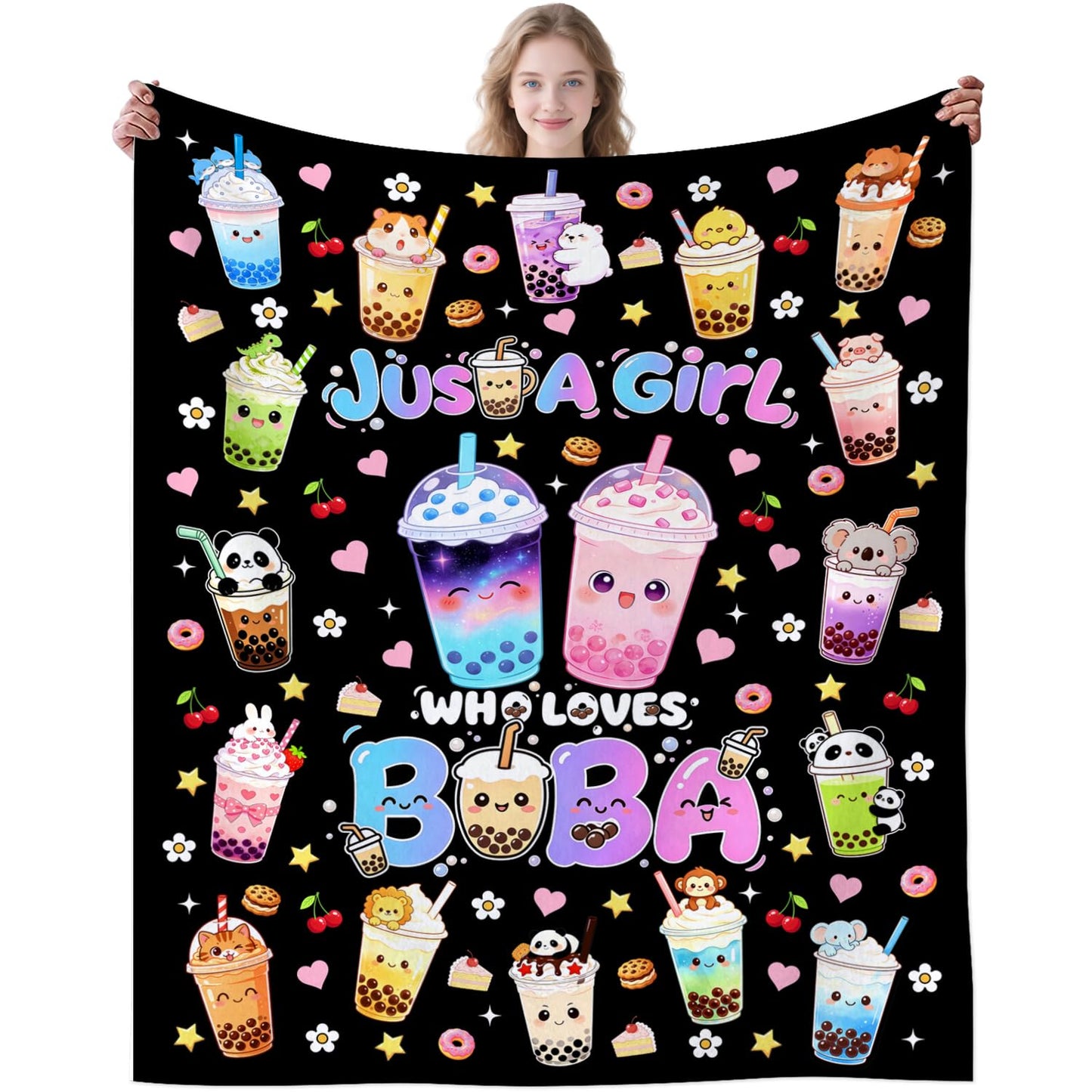 Boba Tea Blanket Soft Cozy Flannel Blanket Cute Bubble Tea Theme Blanket Bedding Decor Gifts for for Boba Lovers Girls Kids Women Adults 50"x40"