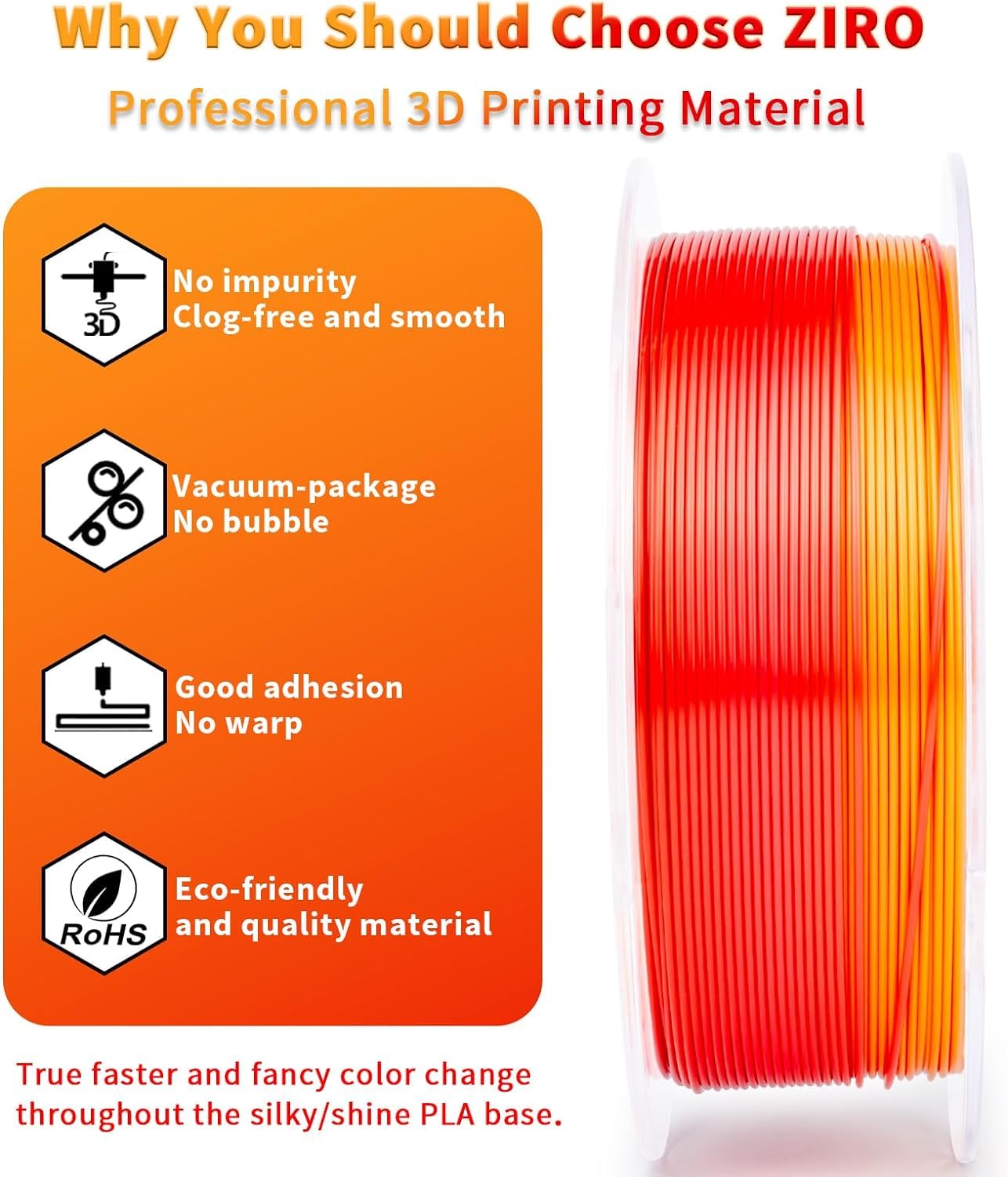 ZIRO Multicolor Silk Filament 1.75mm PLA, Fast Gradient Silky PLA Filament, 1kg/2.2lb Spool, Fit Most 3D Printers, Personality Series - Passionate