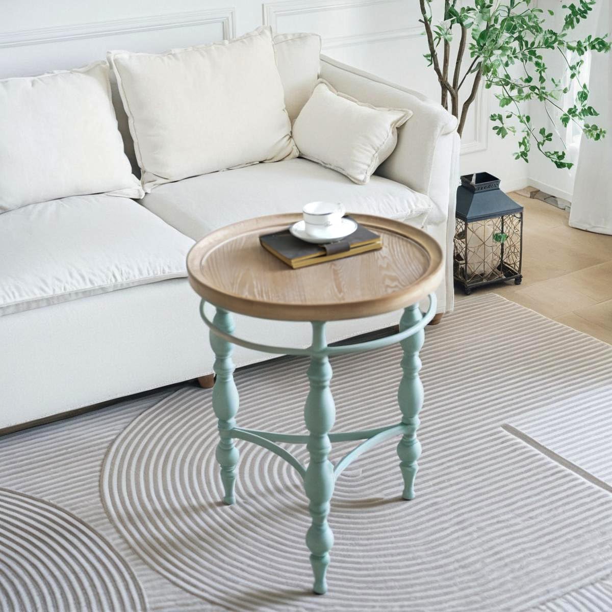 TIMBERMAVEN Rustic Farmhouse Round End Table, French Country Vintage Side Table,φ20.1'' x 23.6''H Rustic Solid Wood with Vintage Iron Legs, for Living Room, Bedroom, Small Spaces,Nature White