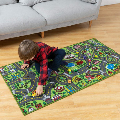 JOYIN Kids Toy Rug Gift Set-City Playmat with Road Tracks & 12 Vehicles,Educational Carpet for Boys Girls,City Pretend Play,Durable Playroom Toy Mat for Kids,148x80cm