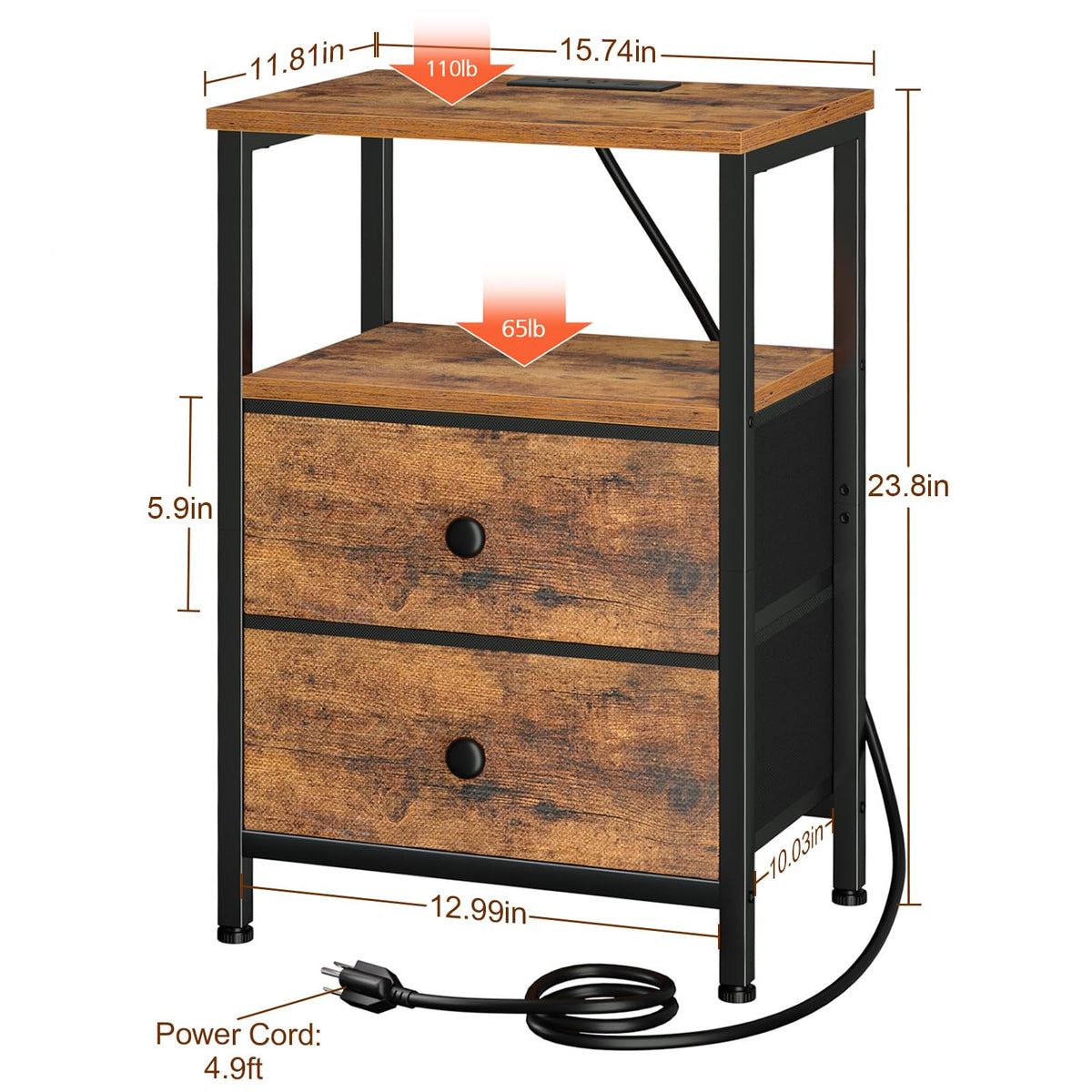 LOAKEKEL Night Stand, Nightstand with Charging Station, Slim Industrial Bedside Table with 2 Fabric Drawers, Small End Table with USB & Type-C Ports for Bedroom, Brown, HETS020BR-1