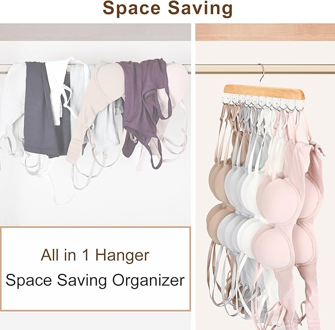 Bra Hanger for Closet, Tank Top Organizer 20 Hooks Capacity Foldable Wood Space