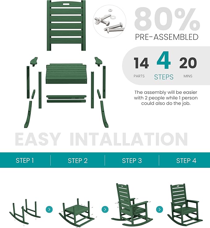SERWALL Outdoor Rocking Chair, Oversized Rocking Chair with Footrest for Adults, HDPE All Weather Resistant Rocking Chairs for Patio, 350lbs Weight Capacity, Green