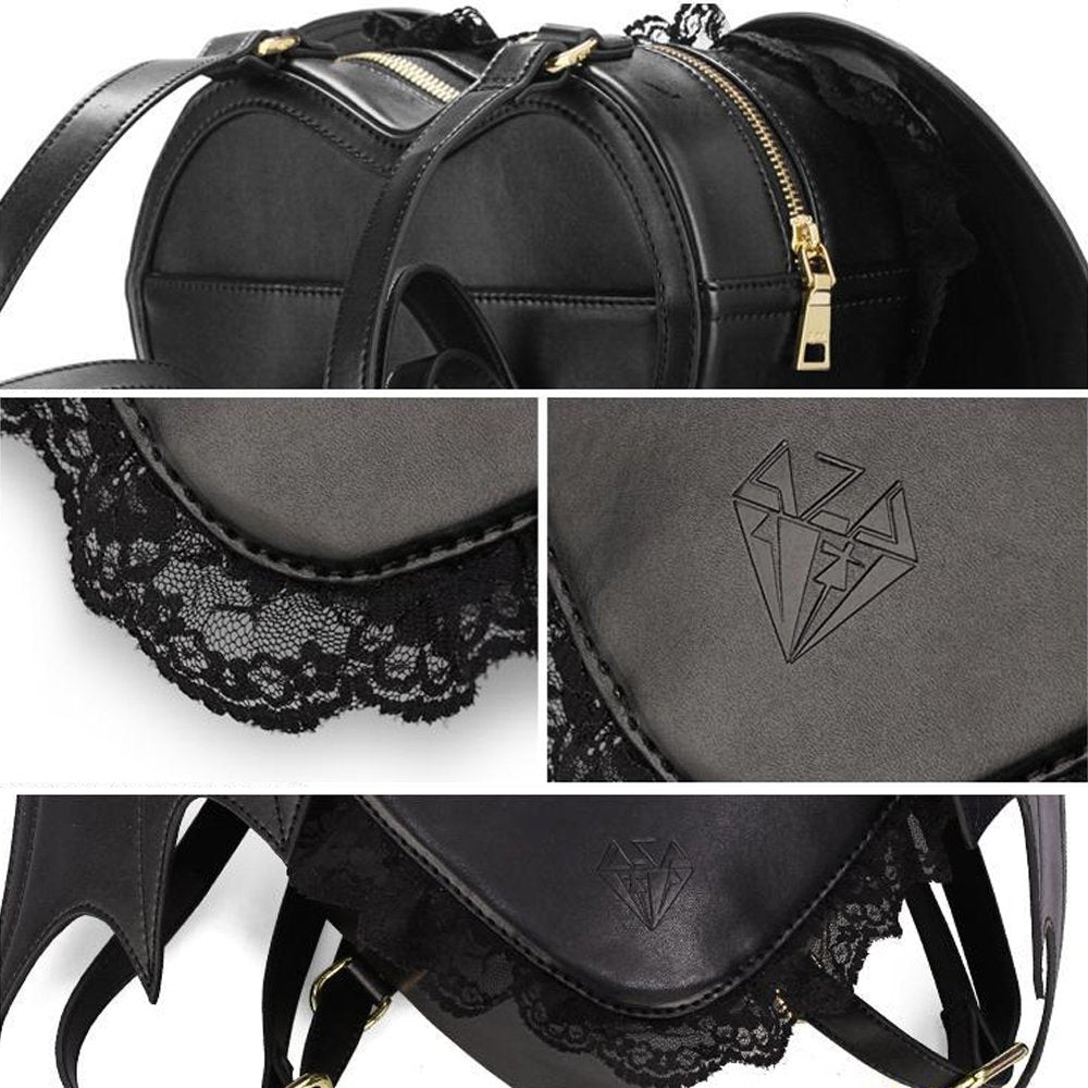 NEEVAS Fashion Girl Gothic Black Bat Heart Wings Backpack Goth Punk Lace Wing Bag
