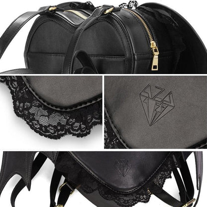 NEEVAS Fashion Girl Gothic Black Bat Heart Wings Backpack Goth Punk Lace Wing Bag