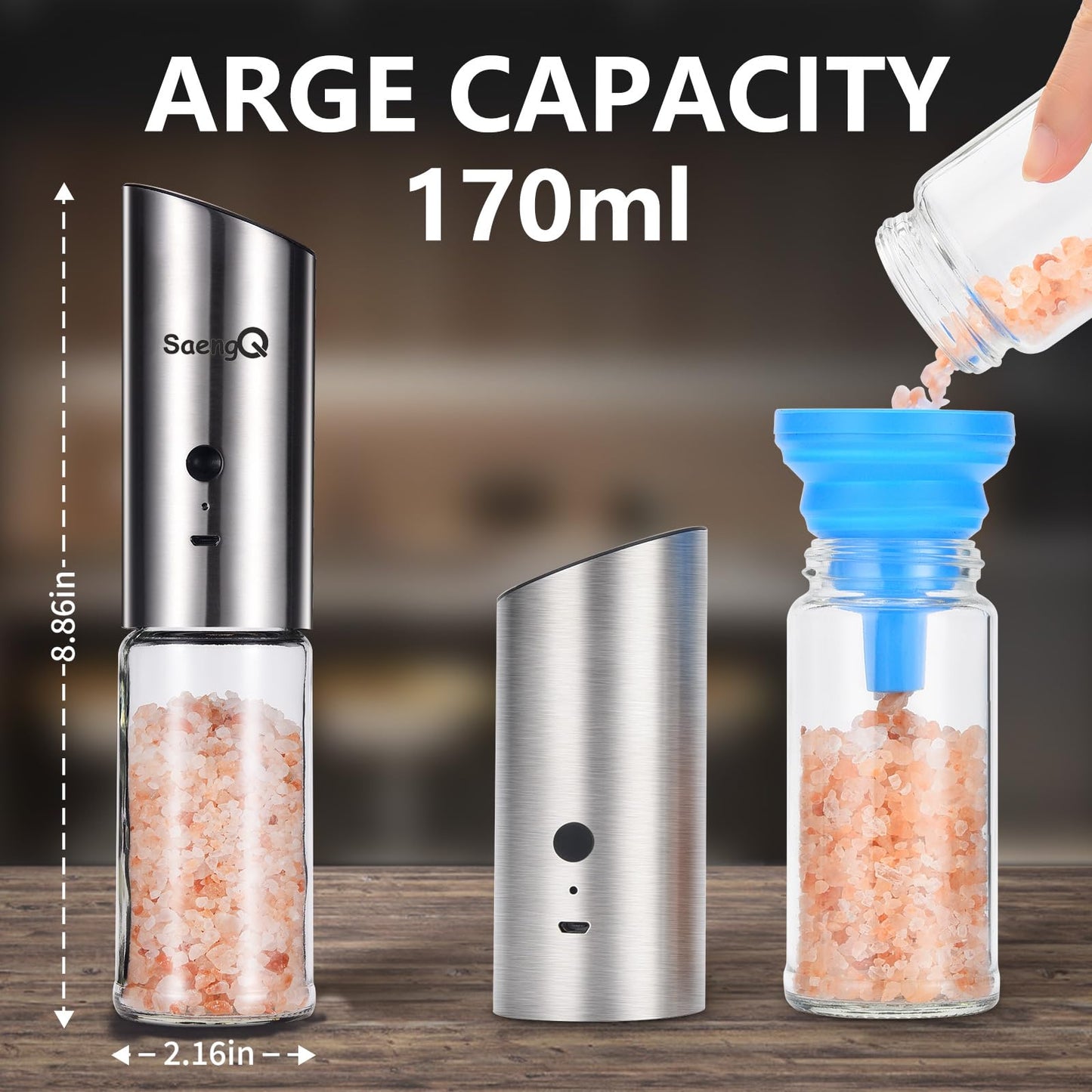 Electric Salt and Pepper Grinder Set - USB Rechargeable Gravity Salt and Pepper Shakers, Automatic Glass Mill with Adjustable Coarseness, LED Light, One-Hand Operation for Kitchen & Dining