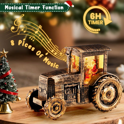 Christmas Musical Tractor Snow Globe with Santa Scene, Retro LED Holiday Decoration with 8 Christmas Songs, 6H Timer and Warm Lights, Festive Gift, Tabletop Decor