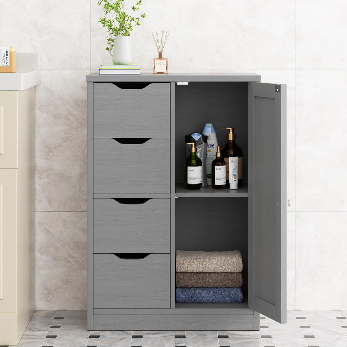 Walsunny Bathroom Floor Storage Cabinet, Wooden Storage Organizer with 4 Drawers and 1 Cupboard, Freestanding Entryway Storage Unit Console Table, Gray
