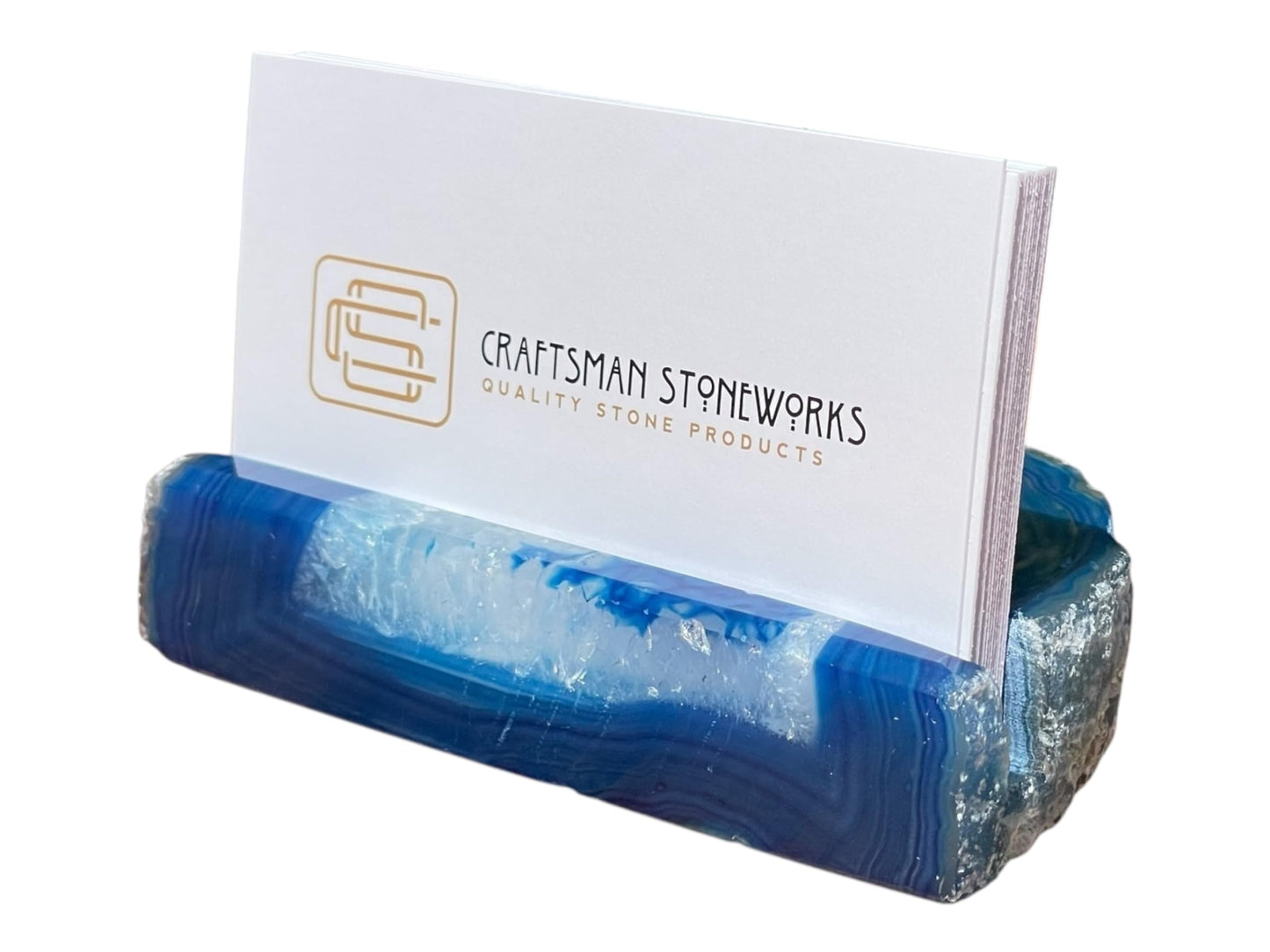 Craftsman Stoneworks Handcrafted Blue Agate Business Card Holder from Brazil - Elegant Desk Organizer and Display Stand for Women and Men - Unique Stone Art Piece (Blue)