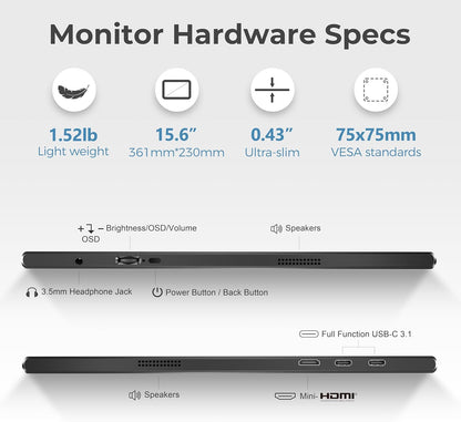 Portable Monitor 15.6-Inch FHD 1080P IPS with HDR for Gaming, USB-C/HDMI Extended Screen, Ultra-thin Plug&Play, with Case & Speakers, for Laptop MAC PC Phone DVR PS4/5 Xbox Switch