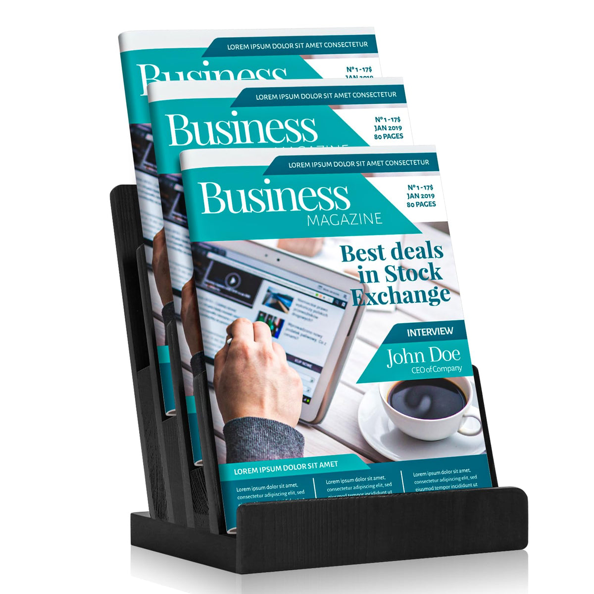 HKSZEH Black 8.5×11 Inch Magazine Display Stand 4-Tier For 6×9 inch Brochure Pamphlet Flyer Menu Holder Countertop Display Stand Literature Organizer For Office Home