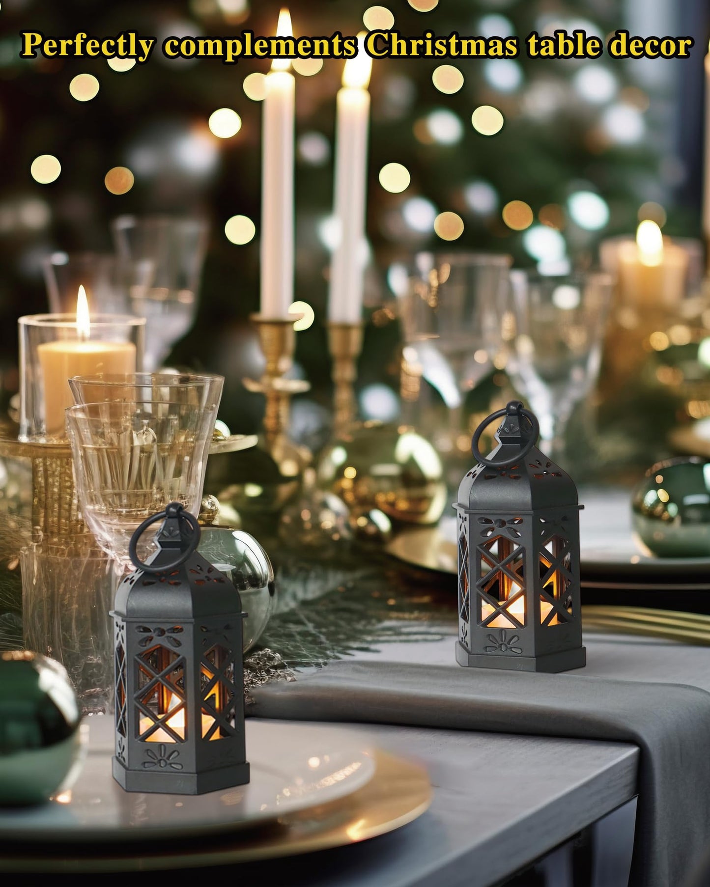 Reperla 8-Pack Mini Lanterns with Flickering LED Candles for Ramadan, Moroccan Decorative Hanging Lanterns for Halloween, Christmas, Wedding, Black Lantern for Table Centerpiece, Home & Party Decor