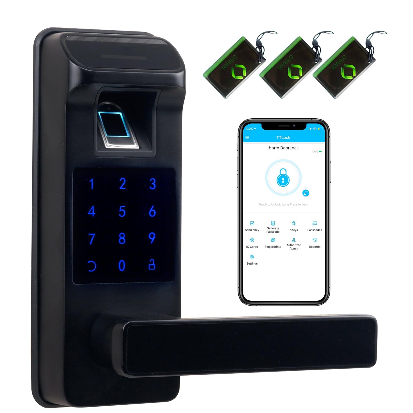 Harfo Smart Door Lock, Heavy Duty 5 in 1 Keyless Entry Door Lock, Full App Control Digital Keypad Lock, Reversible Handle with Fingerprints and Passcodes for Family/Office/Apartment (Gold)