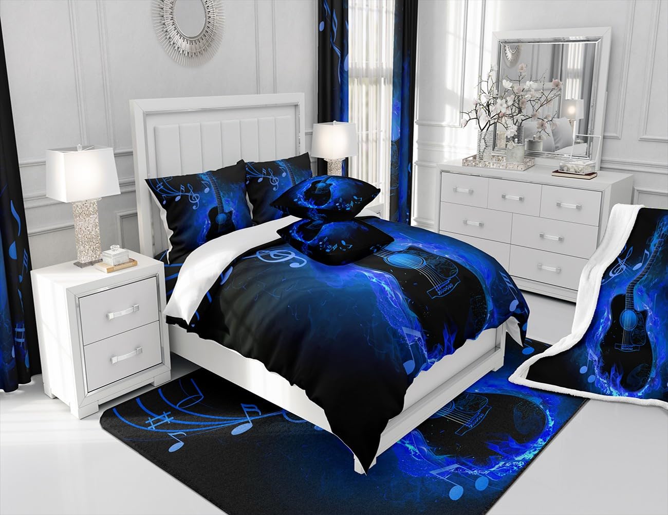 Manfei Electric Guitar Comforter Set,Rock Music Theme Guitar Musical Notes Bedding Set for Teens Adults Room,Neon Blue Glowing Modern Artistic Quilt Set,Blue Black 3 Pcs with 2 Pillowcases,Queen