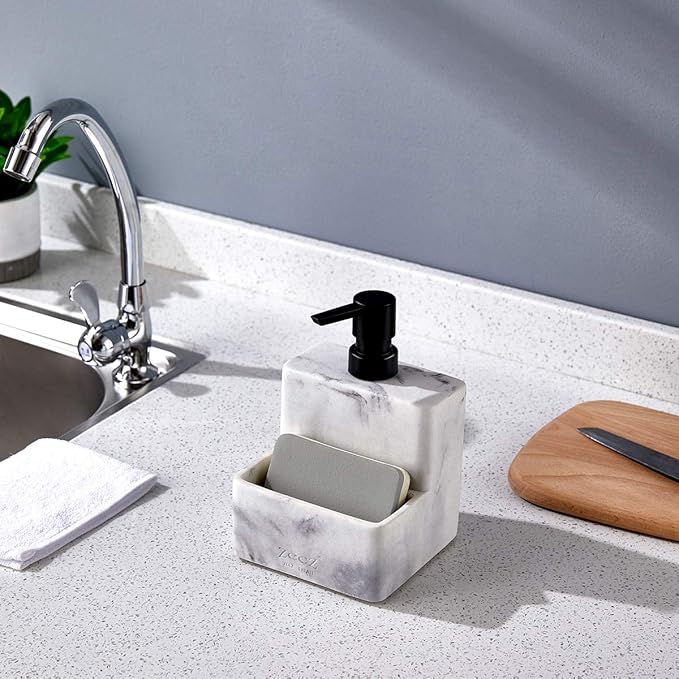 zccz Soap Dispenser with Sponge Holder, Marble Look Liquid Hand and Dish Soap