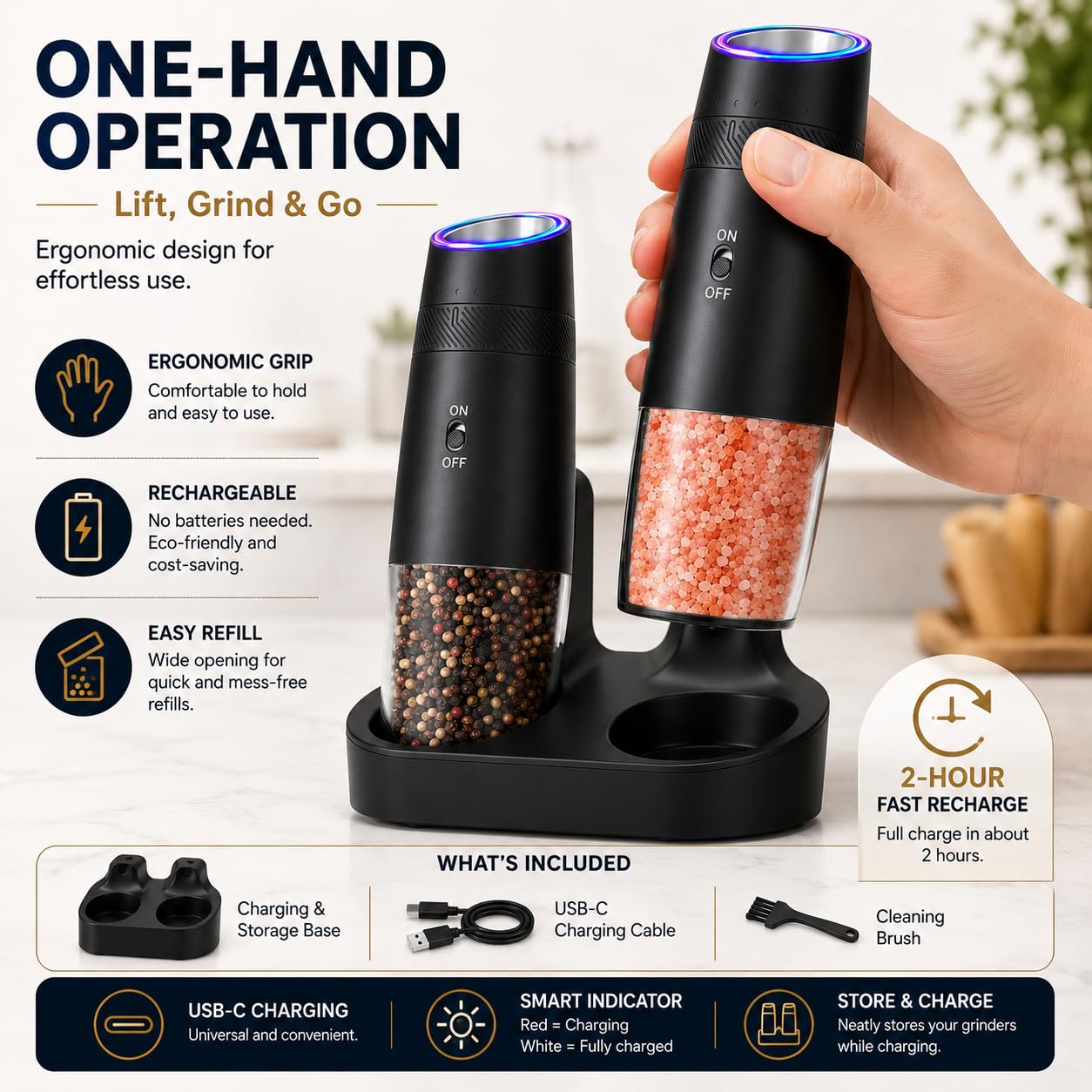 Electric Salt and Pepper Grinder Set 2 Pack, Rechargeable Automatic Gravity Grinder with USB Charging Base, One-Hand Operation, Adjustable Coarseness, LED Light, Black