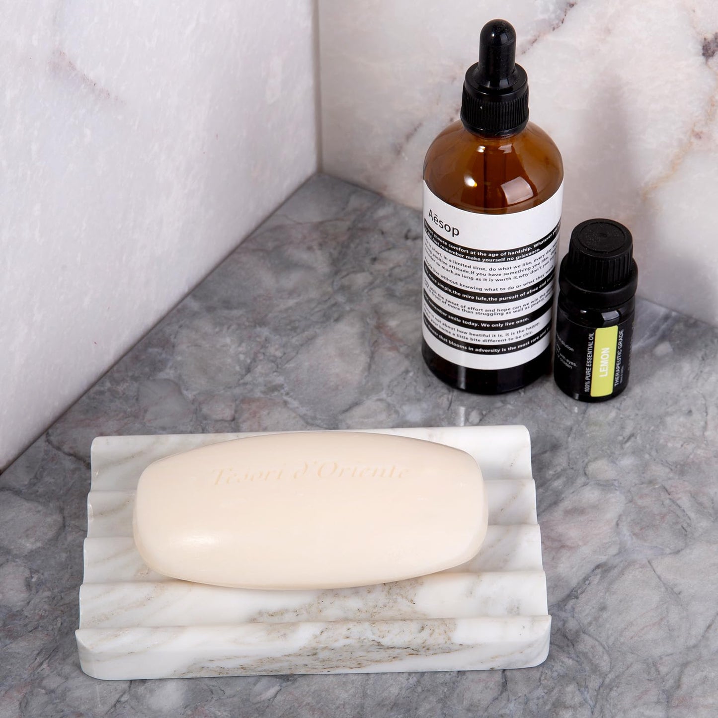 2PCS Koville Italian Natural Marble Soap Dish for Shower, Multi-Color Stone Soap Tray for Bathroom, Bar Soap Holder for Sink, Stripe Grooves Soap Saver Sponge Holder (White/Brown Random)