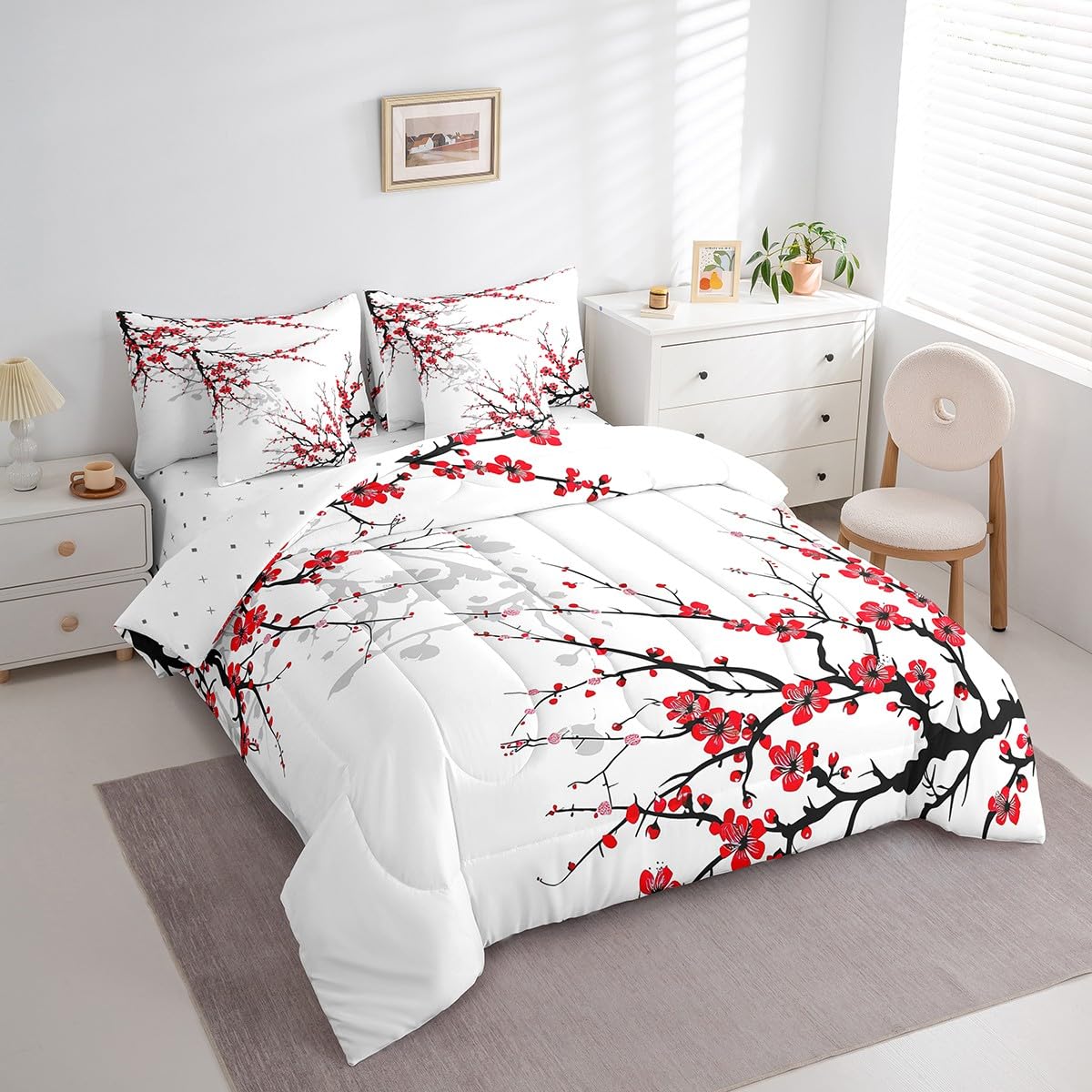 Erosebridal 7 Piece Red Cherry Blossoms Bed in a Bag for Adult Women Japanese-Style Sheet Set Nature Flower Bedding with Comforter Cherry Blossoms Romantic Theme Cushion Covers, Full Size