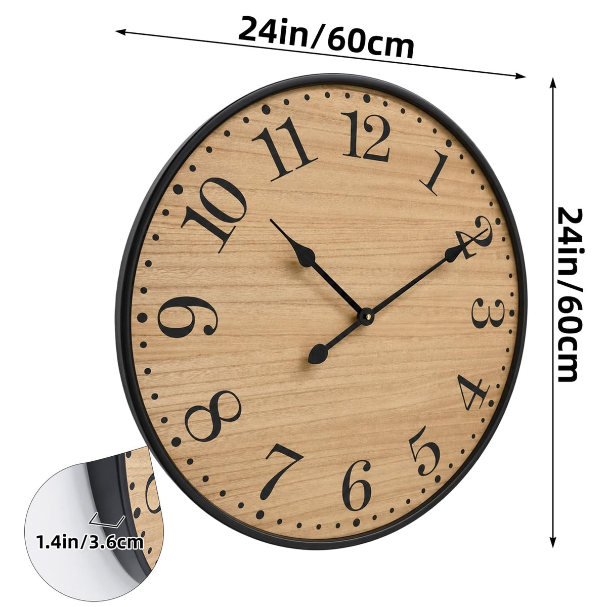 UPPER DECOR Rustic Farmhouse Wall Clocks for Living Room Decor, Large 24 inch Wall Clock with Dark Brown Wooden Face and Black Metal Frame, Silent Battery Operated for Kitchen Bedroom Entryway