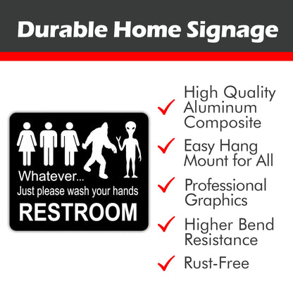 Just Please Wash Your Hands Bathroom Sign | Bigfoot Alien Funny Signs - Inclusive Decor - Door & Wall Restroom Signs - 8.5"x10"