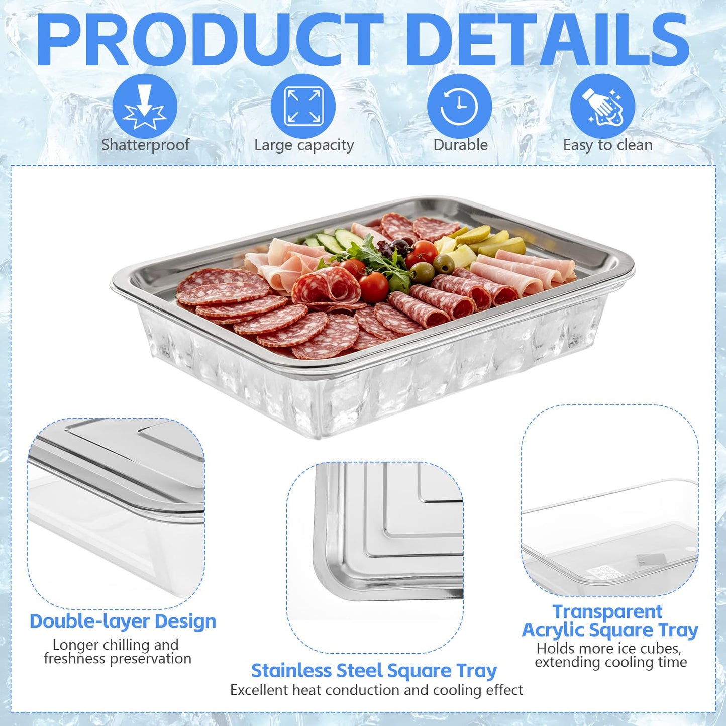 3 Set 14.2 Inch Chilled Serving Trays for Parties, Shrimp Cocktail Serving Dish with Compartments, Stainless Steel Ice Chilled Party Cooling Charcuterie Serving Board for Fruit Veggies Shrimp Cocktail