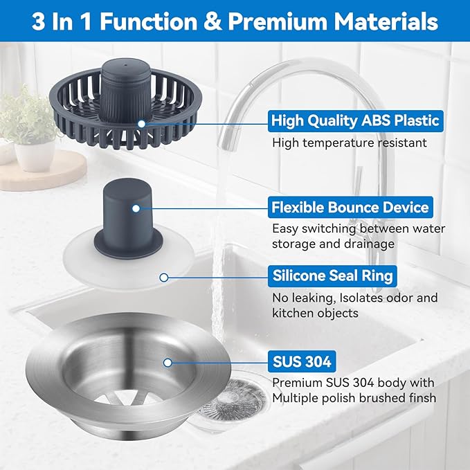 Upgraded 3-in-1 Kitchen Sink Drain Strainer, Stainless Steel Pop Up Kitchen