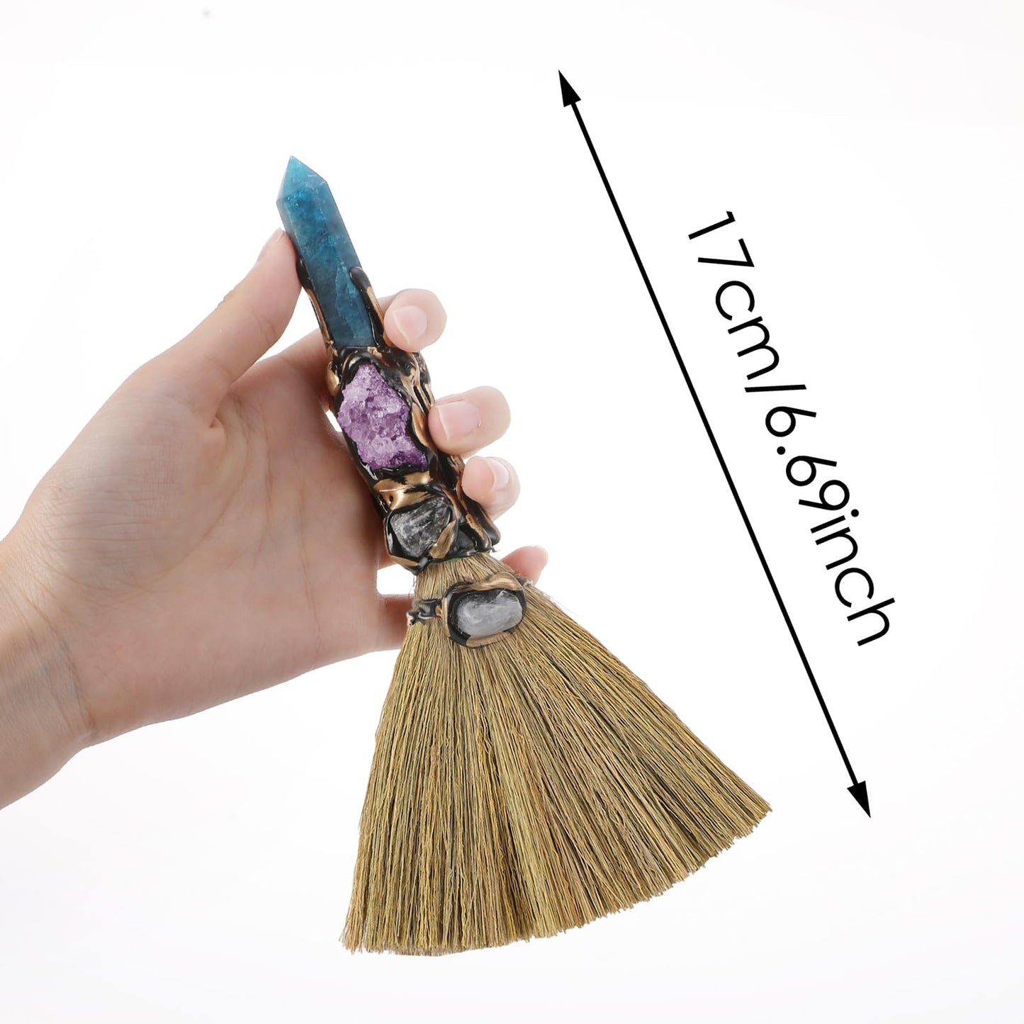 RENEMEGO Crystal Witch Altar Broom - Witchcraft Supplies with Blue Apatite Wiccan Stuff Fairy Magic Broomstick with Natural Healing Crystals Hexagonal Points Pagan Fengshui Reiki Energy Clearing Gift