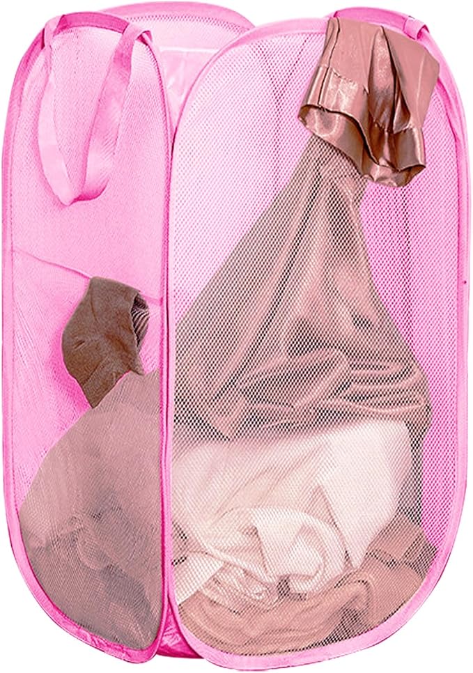 Portable Mesh Pop Up Laundry Hamper Pink Vertical Collapsible Laundry Basket