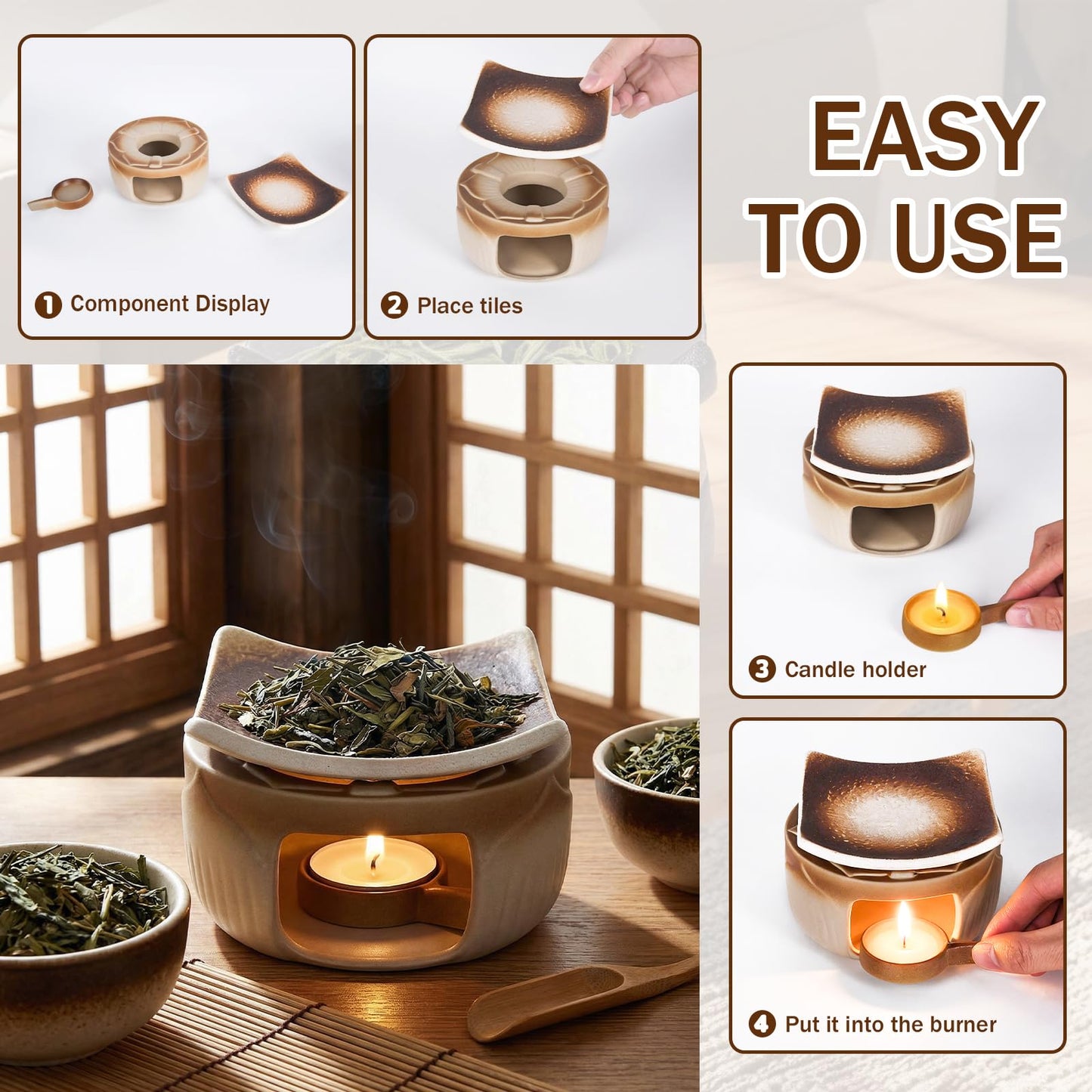 YSZYPETHE Handmade Ceramic Aromatherapy Diffuser,Herb Burner & Candle Wax Warmer with Tealight Holder, Home Fragrance Accessories forRelaxation & Meditation（3.15 * 2.95 * 2.95）