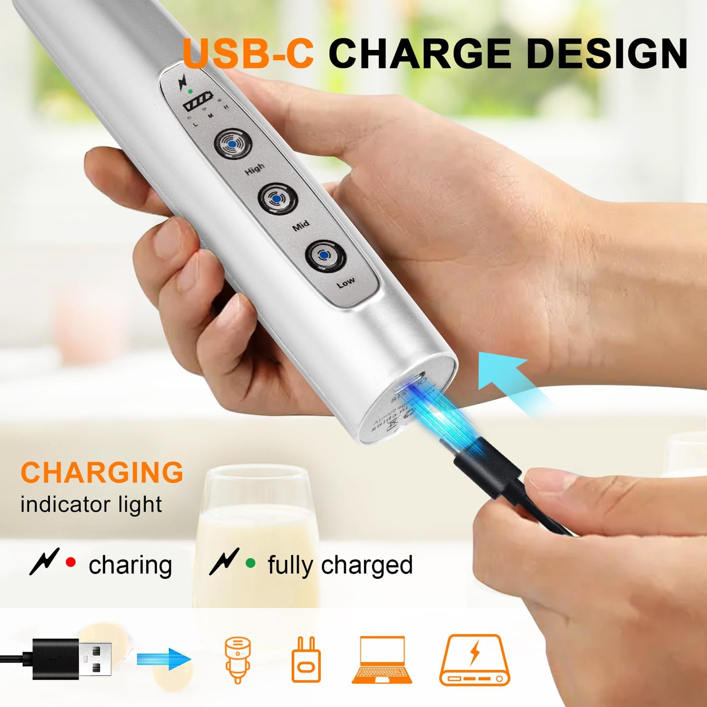 YUSWKO Black Handheld Milk Frother Wand for Coffee, Rechargeable Electric Whisk with 3 Heads 3 Speeds Drink Mixer Coffee Frother For Latte, Cappuccino, Hot Chocolate, Egg