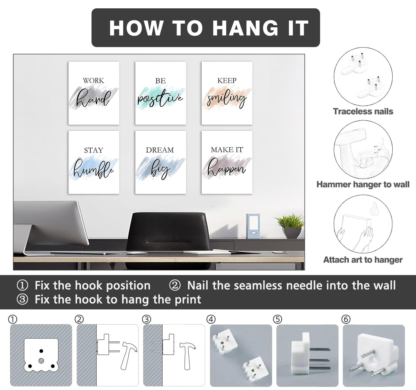 Framed Canvas Wall Art Set of 6 for Bedroom Living Room Wall Decor, Motivational Wall Decor Inspirational Office Wall Art Quotes for Living Room, 8x10 Inch