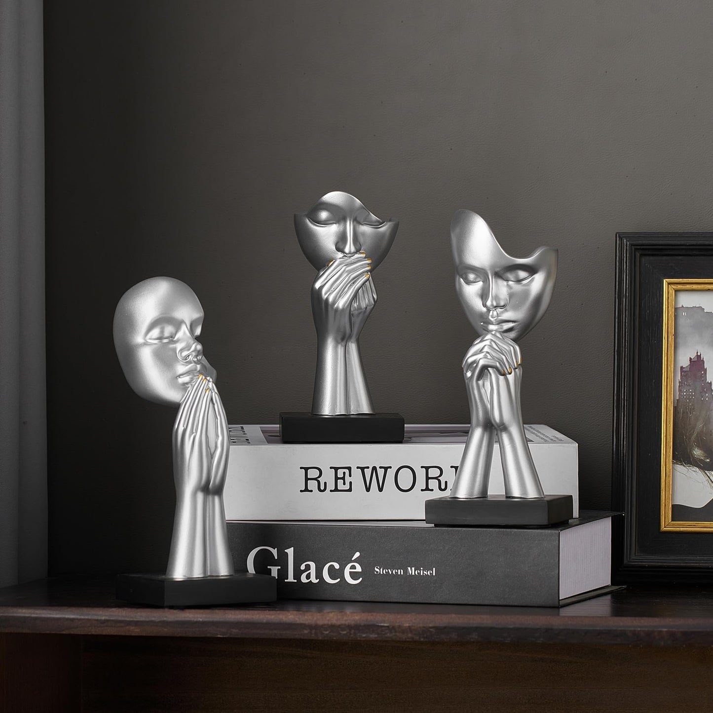 3 Pcs Silver Decor Prayer Statues, Modern Prayer of Peace Figurines Shelf Decor Accents, Abstract Art Sculpture Home Decorations for Living Room Bedroom Office Bookshelf Coffee Table, Gifts for Women