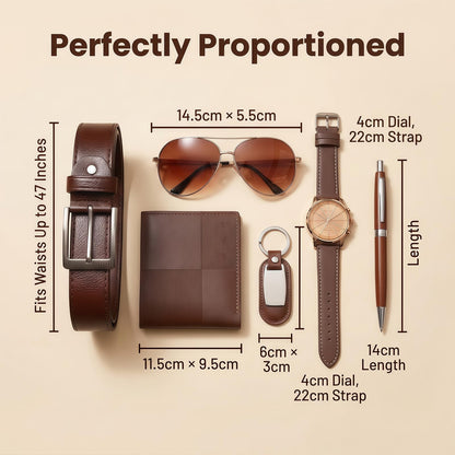 CXLZENGH Premium 6-Piece Men’s Gift Set — Belt, Wallet, Watch, Sunglasses, Keyring and Pen — A luxurious birthday/Christmas gift for dad, husband or boyfriendCoffee Brown
