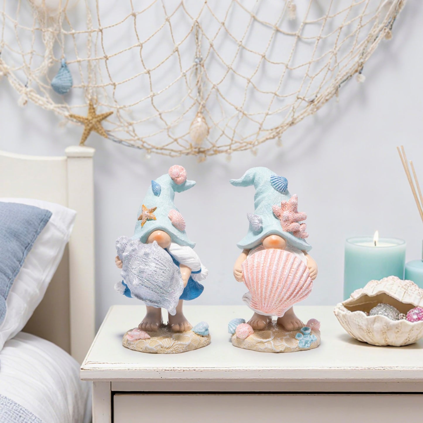 Hodao Ocean Elf Figurines with Seashell & Conch – Coastal Nautical Beach Elf Decor for Coastal Living Room, Ocean Themed Home Tabletop Decoration, Gift for Retirees (Blue-Grey)