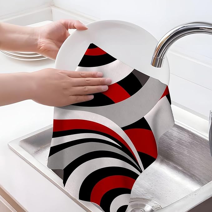 Red Black Grey White Kitchen Dish Towels Set of 4, Soft Absorbent Modern