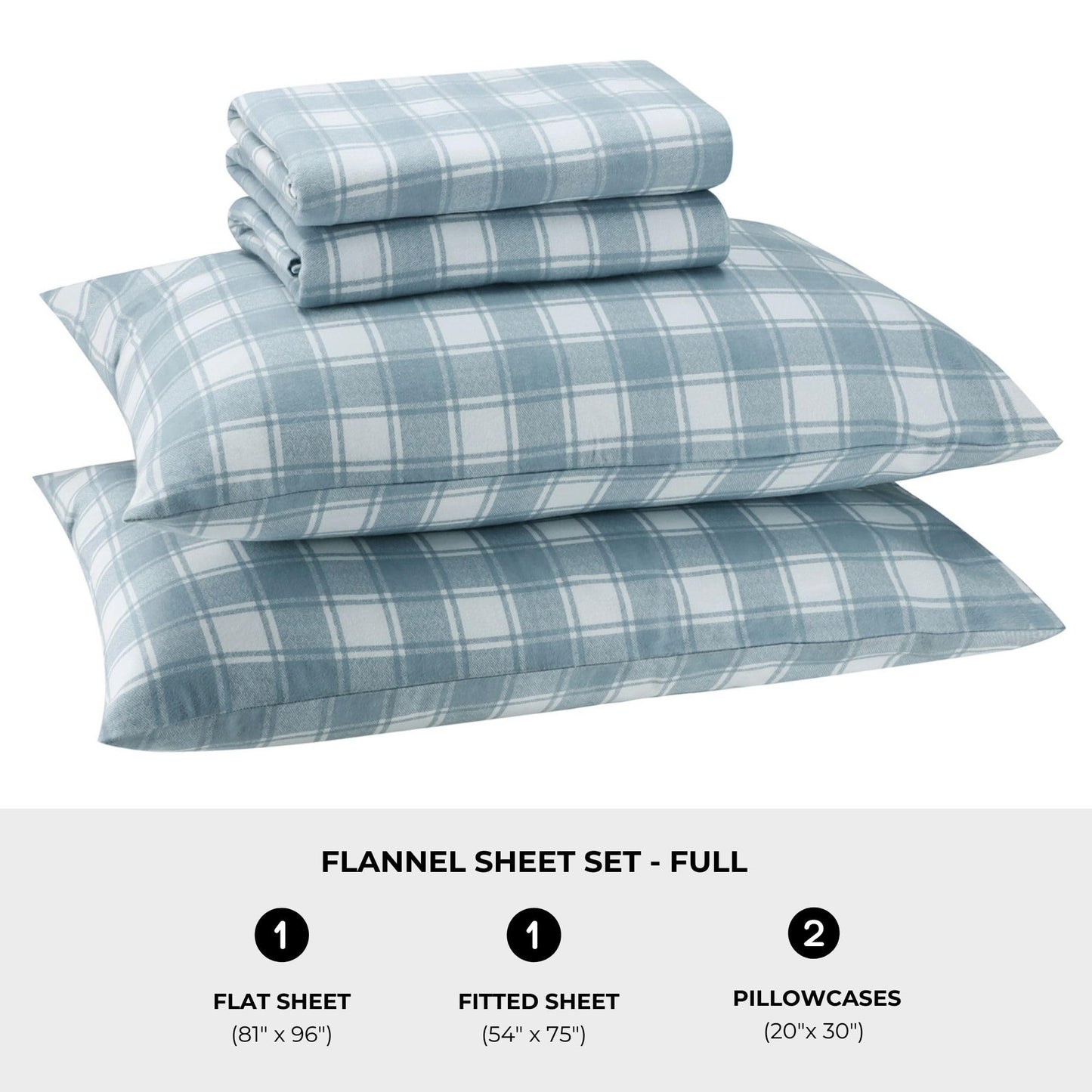 Featherhead™ 100% Cotton 4PCs Flannel Sheet Set, Full Size, Blue Plaid | Double-Brushed for Extra Softness, Warm & Breathable, Extra Deep Pockets fits Up to 17” – 1 Flat, 1 Fitted, 2 Pillowcase