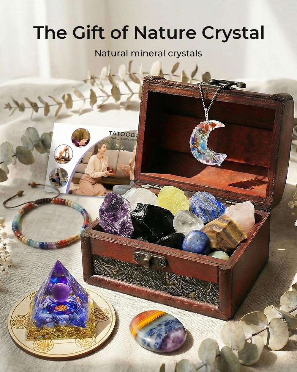 Crystals and Healing Stones Set - Chakra Crystals Gift for Women, Thumb Worry Stones, Chakra Bracelets, 7 Chakra Stones Set, Orgone Pyramid for Positive Energy Balance, Birthday Gifts for Women