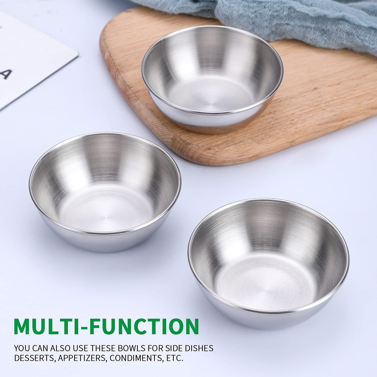 DINYWOW 12pcs Sauce Dishes 3.2 Inch Stainless Steel Round Seasoning Dishes Bowls Condiment Cups Sushi Dipping Small Dish Bowl Saucers Mini Appetizer Plates Silver Color