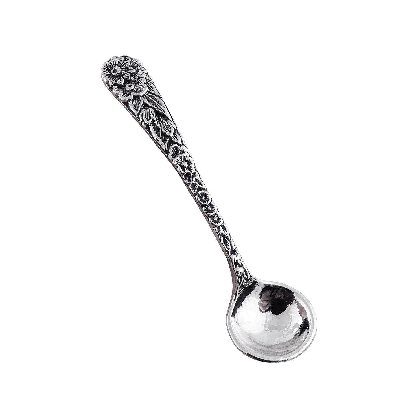 2" Sterling Silver Floral Daisy Salt Spoon or Mustard Spoon, Polished Round Bowl, Flower Design Handle